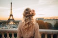 Once in Paris. Back beautiful slim chic girl with long blond hair with flowers against Eiffel tower. Generative AI