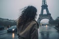 Once in Paris. Back of woman in rain weather against Eiffel tower. Generative AI