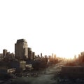 city skyline. War zone city. Futuristic post apocalypse city ruins. PNG file.