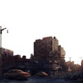 post apocalypse city in ruins with a destroyed street crossing into the horizon. Isolated transparent PNG background. Royalty Free Stock Photo