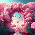 Generative AI of a pink balloon arch with flowers and butterflies Royalty Free Stock Photo