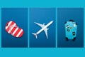 ÃÂ¡oncept of tourism, travel, flat lay. Airplane, suitcase and beach slippers on a blue