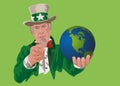 Concept of American action for the protection of the environment with Uncle Sam who symbolically holds the earth in his hand. Royalty Free Stock Photo