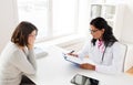 Doctor with pink awareness ribbon and patient Royalty Free Stock Photo