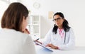 Doctor with pink awareness ribbon and patient Royalty Free Stock Photo