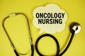 Oncology Nursing text message on speech bubble with stethoscope on yellow background Royalty Free Stock Photo