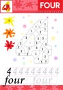 Learn numbers 4. Four. Kids learn to count worksheet. Children educational game for numbers. Vector illustration.