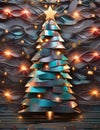 One abstract light metallic nuanced bright Christmas tree with sparse Christmas light against an embossed background