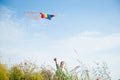 One active little caucasian child in shirt holding multicolored flying kite in air standing among flower and grass field in summer Royalty Free Stock Photo