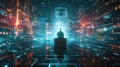 one AI\'s superiority as it stands illuminated on a digital throne, pulling in data streams from a vanquished AI opponent,
