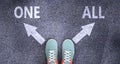 One and all as different choices in life - pictured as words One, all on a road to symbolize making decision and picking either Royalty Free Stock Photo