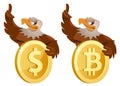 One American Bald eagle holding dollar symbol and another eagle