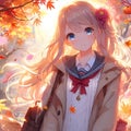 One anime girl in a beautiful morning at autumn season, tree, wallpaper, anime style, fantasy art Royalty Free Stock Photo