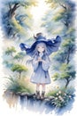 One anime girl with big blue hat standing on the rock in a stunning forest, with tree, wildflowers, watercolor, anime style, pixiv