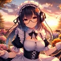 One anime girl, full body, with blunt bangs, glasses, maid dress, wearing headphone, garden, flower, tree, sunset, anime art