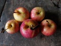 One apple, of the small variety, was piled together.