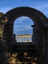 One of the arched entrances that leads by stairs to the stands and the old stage of the Roman Theater of Merida Royalty Free Stock Photo