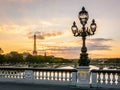 A street light of the Alexander III bridge in Paris, France, with the Eiffel Tower in the background at sunset Royalty Free Stock Photo
