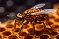 One artificial bee sits on a honeycomb