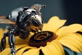 One artificial bee sits on yellow flower