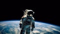 One astronaut standing in space suit, orbiting planet Earth generated by AI