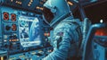 One astronaut stands in the foreground posture poised and confident as they monitor a series of dials and buttons on a