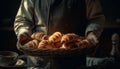 One baker holding a fresh croissant, preparing gourmet French snack generated by AI