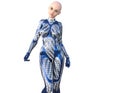 One bald young slender girl in a futuristic costume