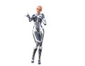 One bald young slender girl in a futuristic silver costume