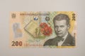 One banknote of 200 LEI Romanian money. RON Leu Money European Currency