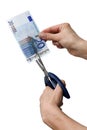 One banknote with scissors Royalty Free Stock Photo