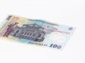 One banknote worth 100 Romanian Lei isolated on a white background