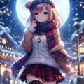 One beautiful anime girl in a snowing night, fashionable winter clothes, moon, lights, anime style, wallpaper