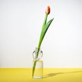One beautiful red yellow tulip flower in a glass bottle on a white yellow background with a shadow. Front view and copy space