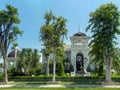 One beautiful two-story house with palm trees, trees, and landscape design in the summer