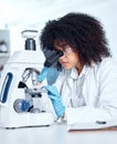 One beautiful young african american woman with an afro wearing a labcoat and looking at medical samples on a microscope
