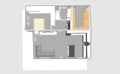 One bedroom, one bathroom house plan, top view, modern, open concept design