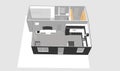 One bedroom, one bathroom 3 D house plan, open concept design, living room, kitchen top view