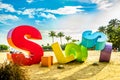 Siloso beach sign during sunset, Sentosa, Singapore. Royalty Free Stock Photo