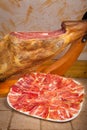 Leg and plate of Spanish jamon iberico