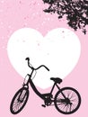 One bicycle parking under blooming flower tree, white heart on pink background Royalty Free Stock Photo