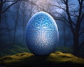 One big Celtic easter egg with a misty woodland in the background.