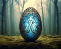 One big Celtic easter egg with a misty woodland in the background.