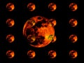 One big and many small bright full orange red blood moon on black background wallpaper with repeated figures. Royalty Free Stock Photo