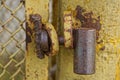 One big old brown iron padlock hanging on a rusty yellow metal door Royalty Free Stock Photo