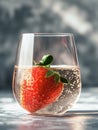 One big ripe strawberry in a glass of sparkling summer drink. Tasty fruity dessert drink. Generative AI