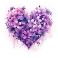 one big violet heart contains of many flowers on white background, Watercolor post card for Valentine day