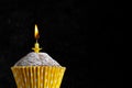 One birthday cupcake in paper cup with extinguished birthday candles on dark background copy space Royalty Free Stock Photo