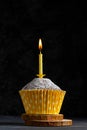 One birthday cupcak in paper cup with extinguished birthday candles on dark background greeting card Royalty Free Stock Photo