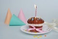 One Birthday Muffin, Cupcake with Candle, on Grey Blue background. Pink bow. Isoalted. Candle. Royalty Free Stock Photo